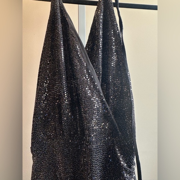 NWT Ramy Brook Avianna Ruched Mini Dress 0 Black Sparkle Halter - Picture 8 of 12